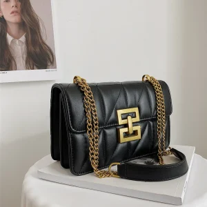 Elegant Quilted Black Faux Leather Shoulder Bag With chain straps