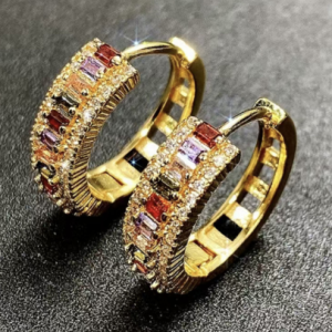 18K Gold Multicolored Stone Hoop Earring