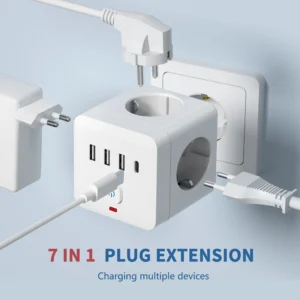 7-in-1 EU Power Strip Surge Protector 3 AC Outlets 3 USB 1 Type-C