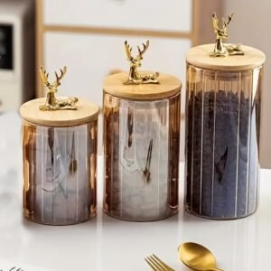 A Set of 3 Glass Cream and Sugar Jars with Golden Reindeer Lids, Holiday Theme Kitchen Storage Containers