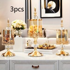 Elegant 3pcs Glass Candy Containers with Polished Metal Lids Perfect for Seasonal Home Decor